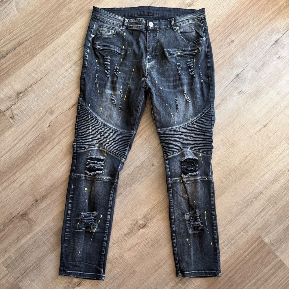Romwe Mens 32 Biker Jeans Black Distressed Paint Splatter Moto Denim Pants